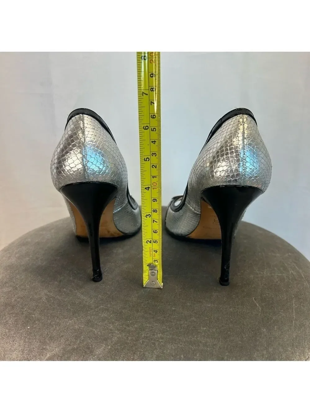 Luciano Padovan metallic silver snake embossed black trim high heels 39 leather